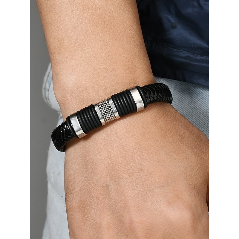 Men's Braided Faux Leather Bracelet with Stainless Steel Clasp – Vintage Style Adjustable Wristband for Casual, Daily Wear and Gifts