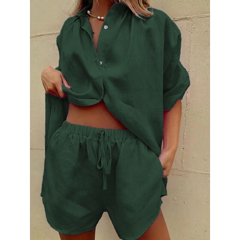 Women's Active Basic Cotton Linen Sets Short Sleeve Shirt Collar Solid Color Casual Daily Army Green Navy Blue Dark Green Summer Regular Fit2