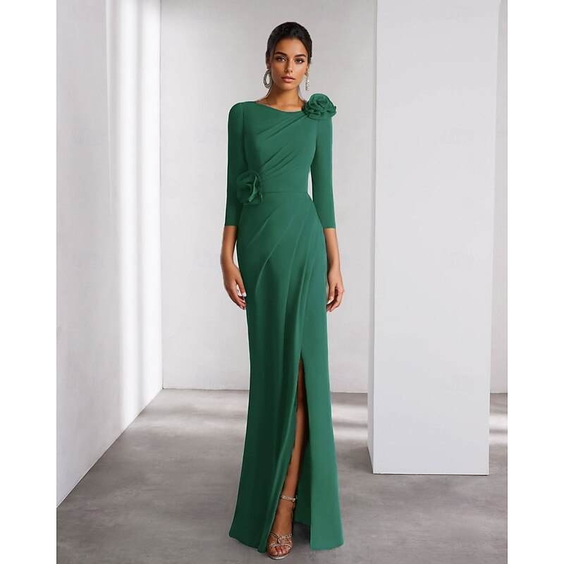 A-Line Evening Gown Elegant Dress Formal Wedding Floor Length Long Sleeve Crew Neck Detachable Stretch Crepe with Shouder Flower4