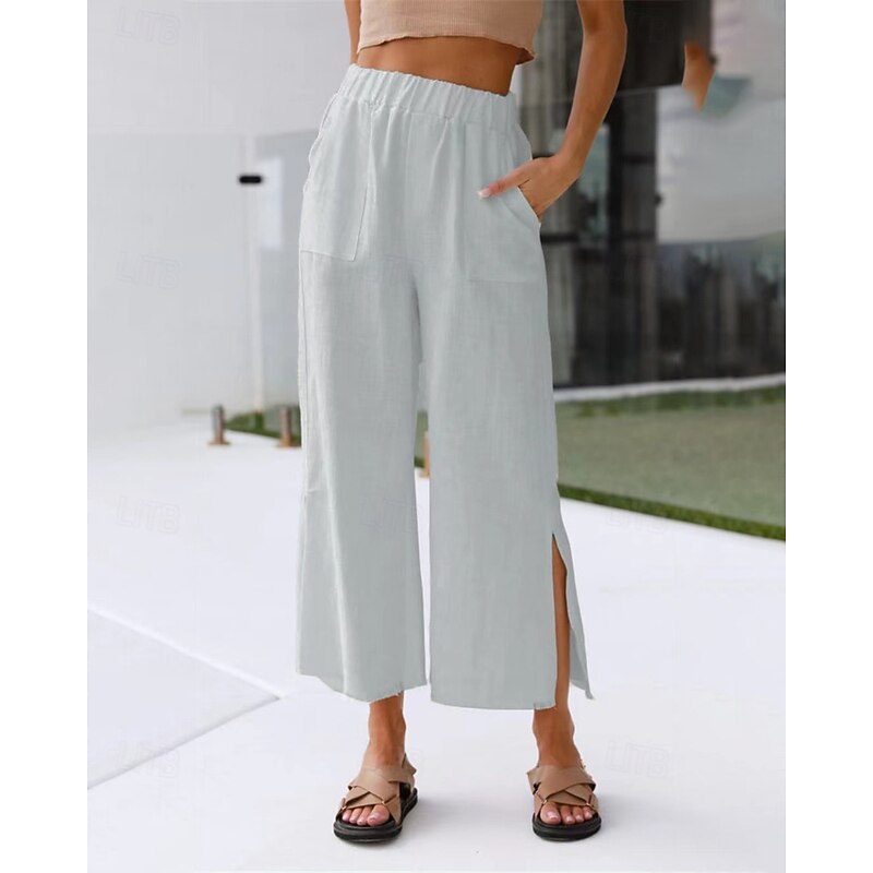 Women's Cotton Linen Pants Slacks Streetwear Casual Full Length Natural Plain Pocket Elastic Waist Split Comfy Outdoor Comfortable Holiday Weekend Earth Yellow Light Sky Blue White Pink Summer