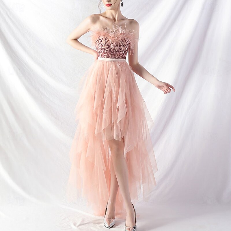 A-Line Quinceanera Dresses Elegant Dress Formal Wedding Asymmetrical Sleeveless Strapless Tulle Backless with Feather Embroidery2