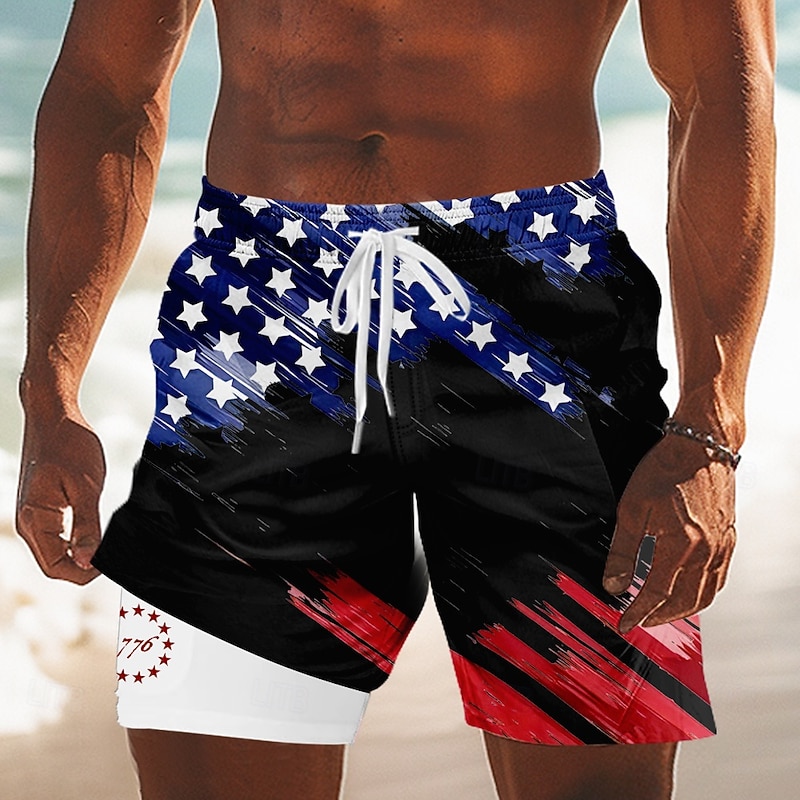 Independence Day Men's US Flag Patriotic Fourth of July Lined Shorts 2 in 1 Board Shorts Swim Trunks Mid Waist Holiday Side Pockets With Compression Liner Elastic Drawstring Waist Designer Clothing2