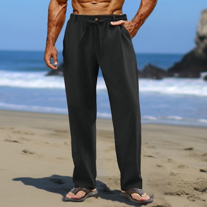 Men's Linen Pants Trousers Summer Pants Baggy Pants Beach Pants Drawstring Elastic Waist Straight Leg Plain Comfort Breathable Full Length Casual Daily Holiday Vacation Fashion Black Apricot4