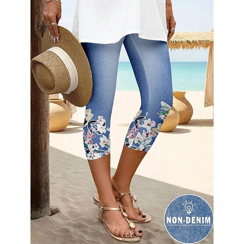 Women's Leggings Capri Pants 3D Print High Elasticity Vintage Fashion Ethnic Style Calf-Length High Waist Floral Graphic Stretchy Vacation Street Causal Robin's Egg Blue White Summer Spring Slim Fit