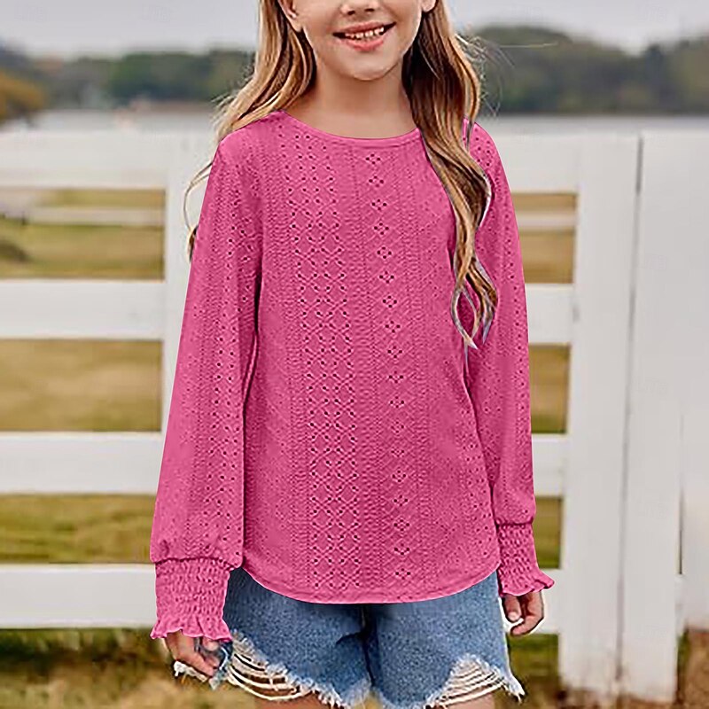 Kids Girls' T shirt Solid Color Casual Long Sleeve Lace Daily 4 years+ Spring Pink Wine Red4