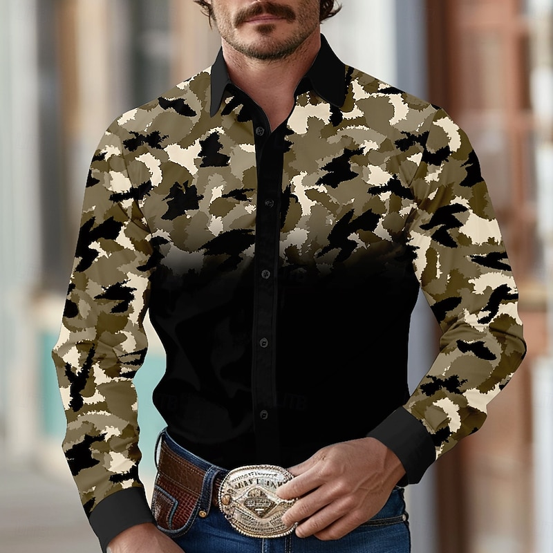 Men's Camouflage Western Shirt Long Sleeve Western Sports Outdoor Spring Fall Turndown Button Up Black White Brown Green4