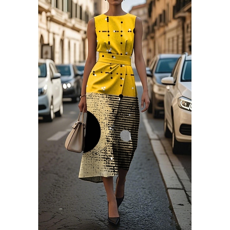 Women's Midi Dress Casual Dress Tank Dress Summer Dress Fashion Modern Daily Date Weekend Regular Fit Geometric Sleeveless Crew Neck Yellow Purple Orange Apricot Summer3