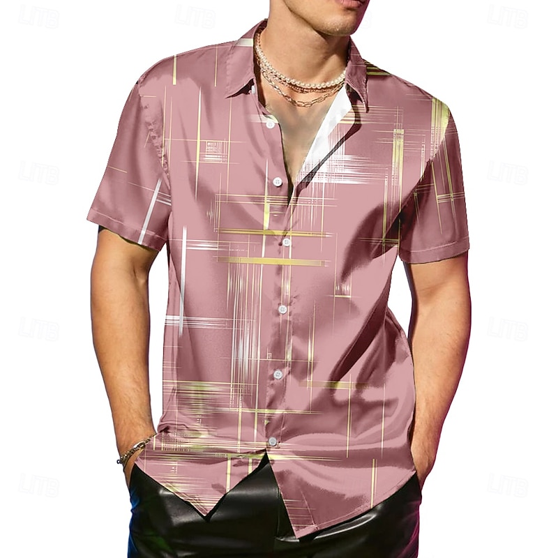 Men's Geometric Line Satin Shirt Dress Shirt Button Up Shirt Short Sleeve Fashion Casual Vacation Party Evening Wear Daily Summer Spring Turndown Collared Shirts Button Up 3D Print Black Pink Blue3