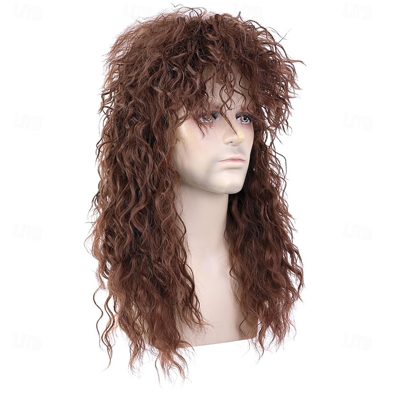 Mens Women 80s Rockstar Style Long Brown Curly Punk Rock Hair Wig Glam Rock-Rocker Wig Perfect for Halloween Cosplay DIY Themed Costume Party4