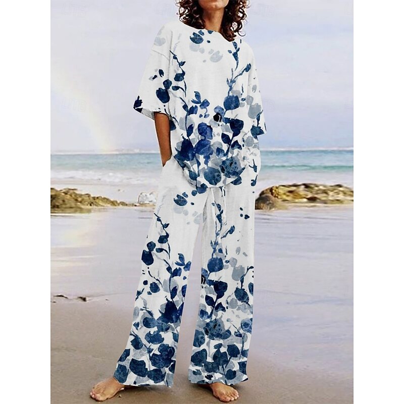 Women's Active Vacation Pants Sets Half Sleeve Crew Neck Floral Print Casual Daily Blue Ink Blue Light Blue Summer Regular Fit4
