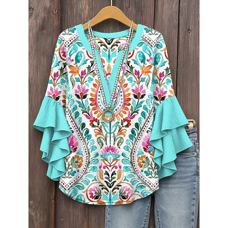 Women's Retro Blouse Layered Ruffle Sleeve Tops Vintage Floral Graphic Paisley Bohemia Vintage Daily 3/4 Length Sleeve Regular Tops Daily Holiday Vacation Wear Print White Red Blue Green2