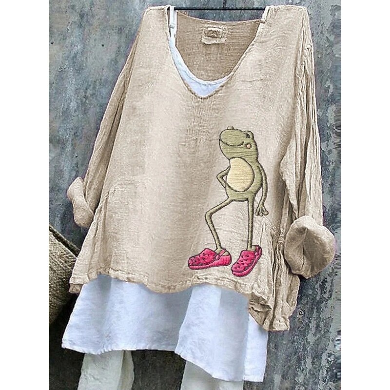 Women's Blouse Graphic Frog Animal Stylish Casual 3/4 Length Sleeve V Neck Regular Tops Daily White Green Beige Summer Spring2