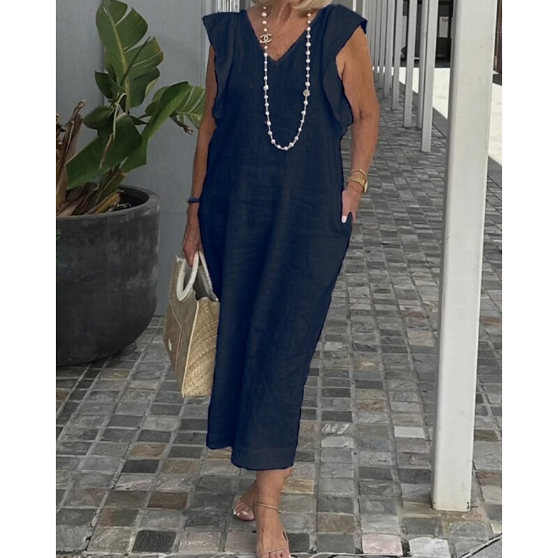Women's Long Dress Maxi Dress Cotton Linen Dresses Casual Dress Fashion Outdoor Party Holiday Regular Fit Plain Sleeveless V Neck Black White Navy Blue Summer