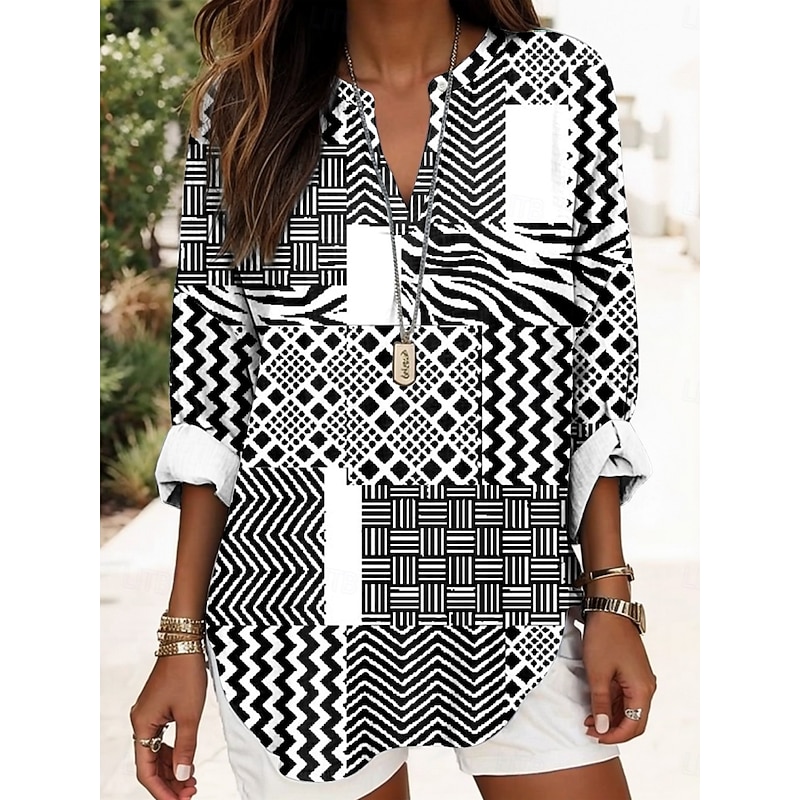 Women's Blouse Tunic V Neck Long Sleeve Boho Casual Tops Cotton Linen Graphic Striped Daily Business Regular Tops Work Daily Buttons Print Black Blue Green Light Blue4