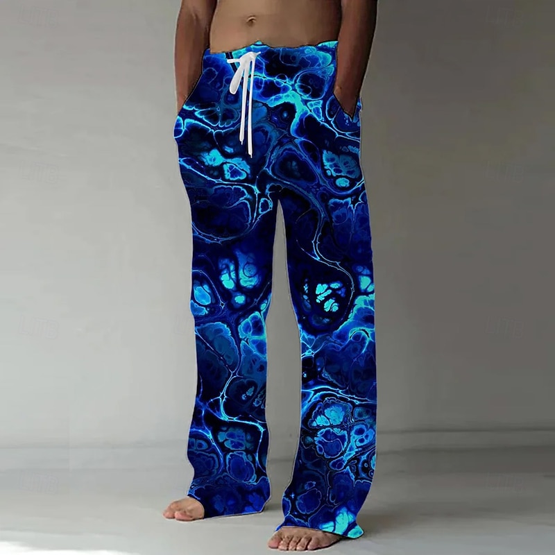 Men's Marble Abstract Liquid Art Trousers Baggy Pants Casual Pants Mid Waist Casual Outdoor Vacation Drawstring Side Pockets Elastic Waist Summer Spring 3D Print Black Green Dark Blue3