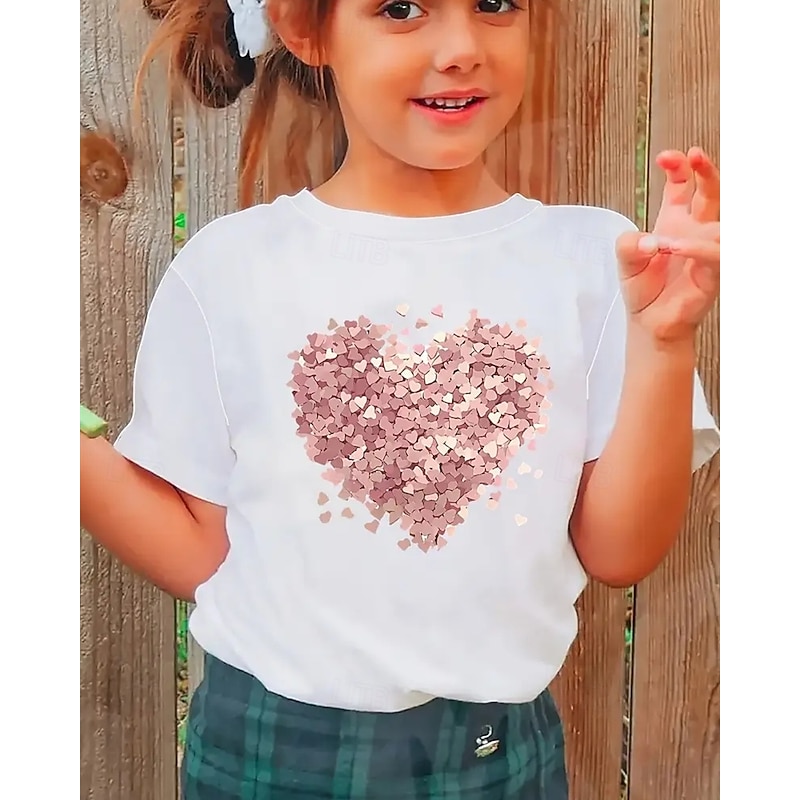 Girls' 3D Heart T shirt Tee Short Sleeve Summer Spring Fashion Basic Kids 4-12 Years Crew Neck Outdoor Casual Daily Regular Fit