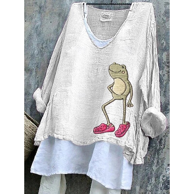 Women's Blouse Graphic Frog Animal Stylish Casual 3/4 Length Sleeve V Neck Regular Tops Daily White Green Beige Summer Spring3