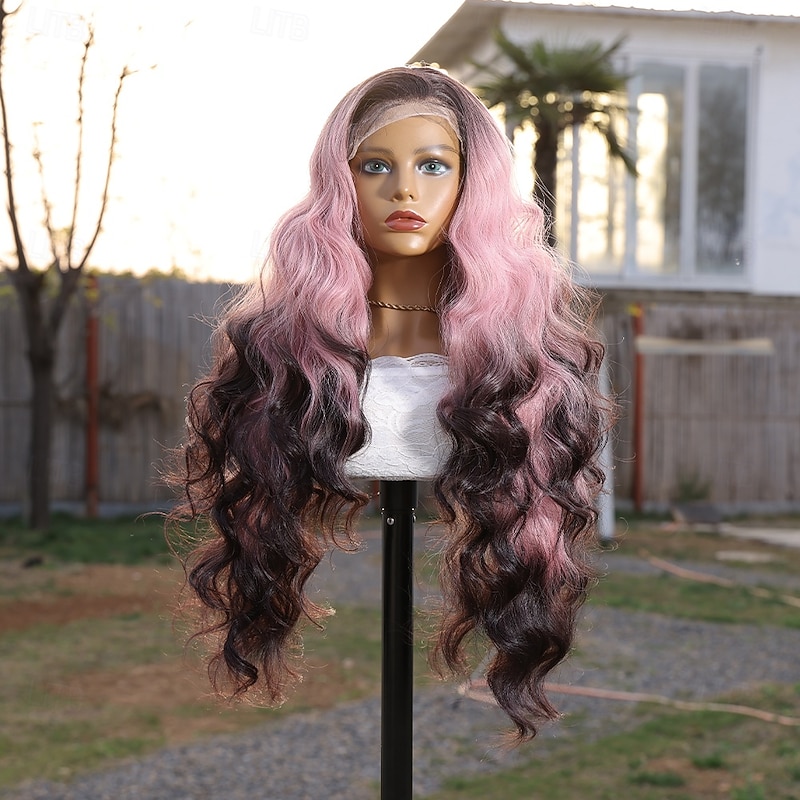 Synthetic Lace Wig Body Wave Style 30 inch Pink Middle Part 13x4 Lace Front Wig Women's Wig Pink+Red2