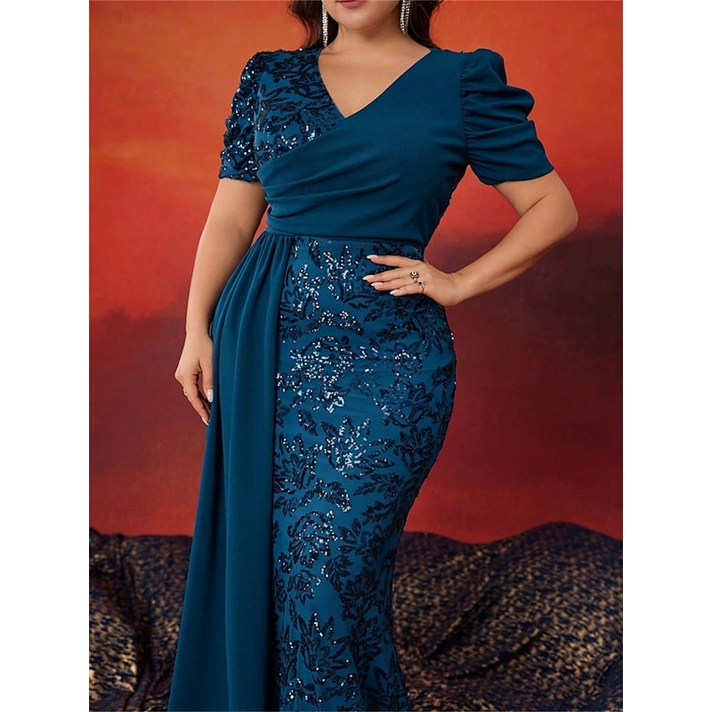 Mermaid / Trumpet Plus Size Dresses Elegant Curve Dress Formal Wedding Floor Length Short Sleeve V Neck Sequined with Sequin2