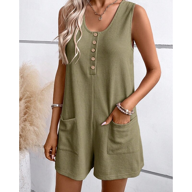 Women's Normal Romper Streetwear Solid Color Sleeveless U Neck Buttons Pocket Street Daily Regular Fit Black Light Green Pink Summer2