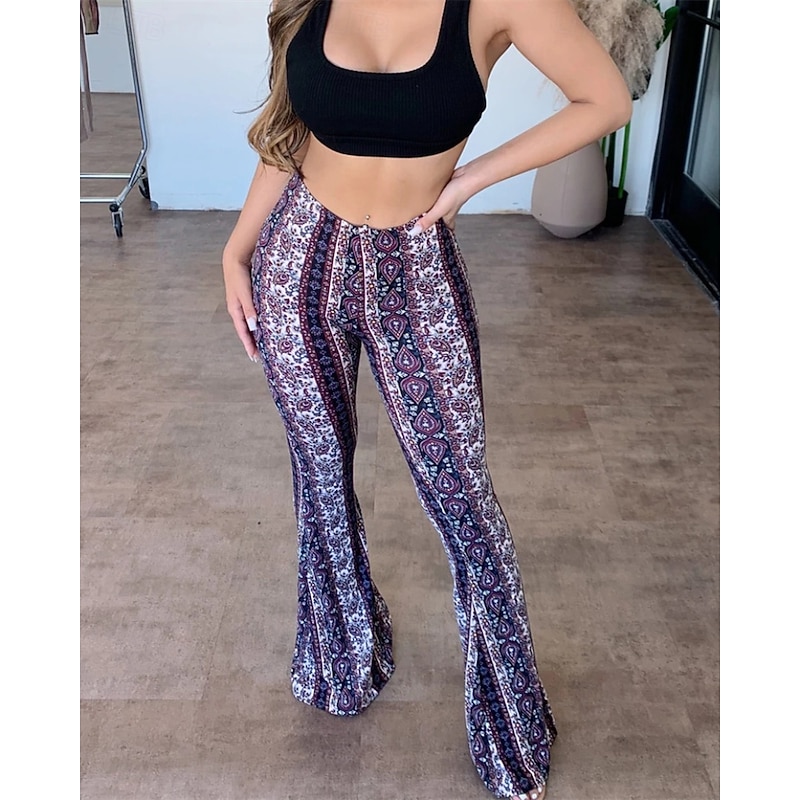 Women's Bell Bottom Slacks Fashion Boho Full Length Natural Flower Printing Comfy Outdoor Comfortable Vacation Holiday Dark Brown White Yellow Blue Summer Regular Fit3