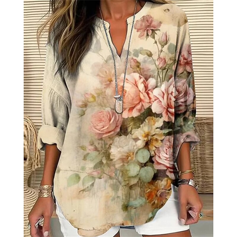 Women's Shirt Flower Daily Stylish Basic Long Sleeve V Neck Regular Tops Daily Holiday Print Yellow Royal Blue Purple Spring Fall