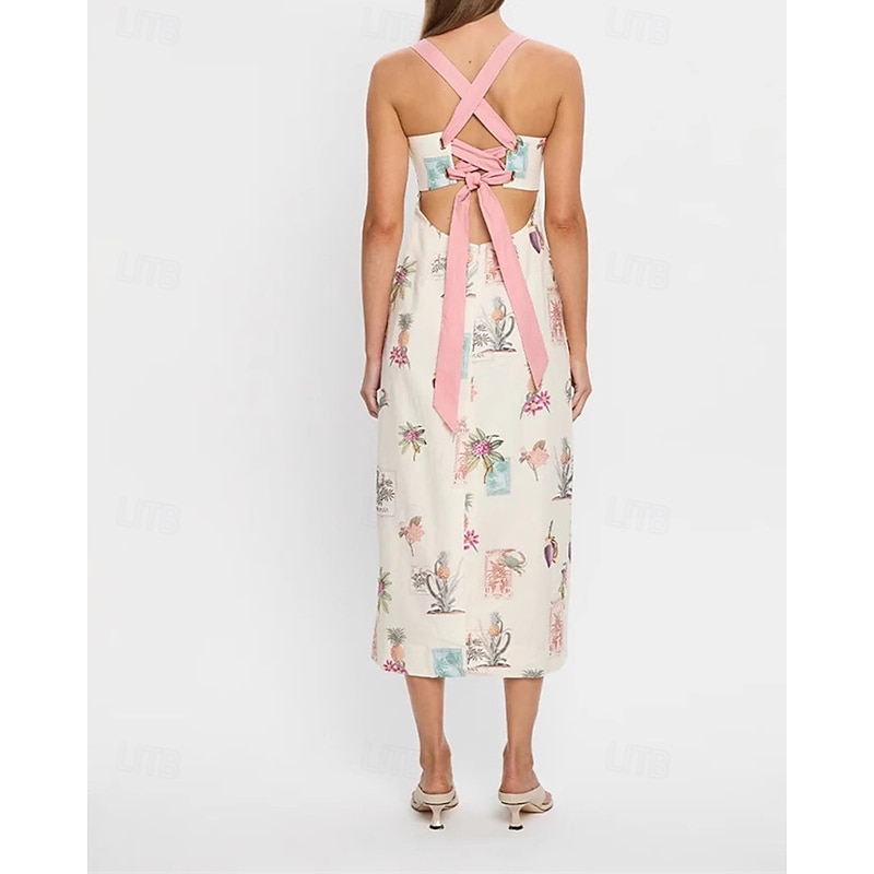 Women's Long Dress Maxi Dress Cotton Linen Dresses Casual Dress Fashion Outdoor Party Holiday Regular Fit Flower Sleeveless Straps Pink Summer4