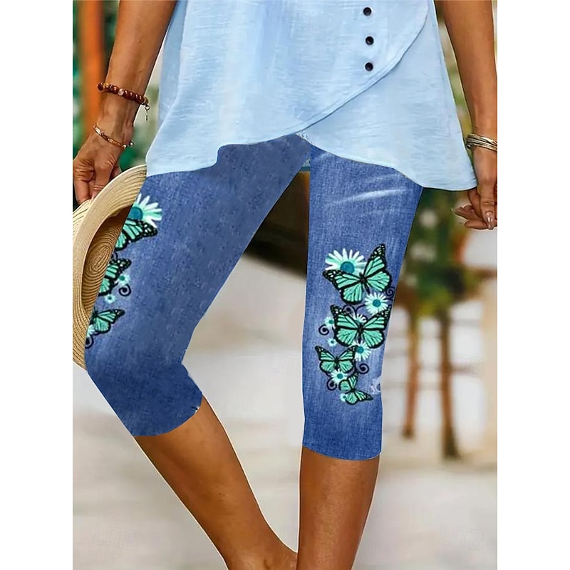 Women's Leggings Capri Pants High Elasticity Vacation Vintage Fashion Calf-Length Mid Waist Floral Graphic Printing Breathable Soft Stretchy Vacation Street Causal Robin's Egg Blue Black4