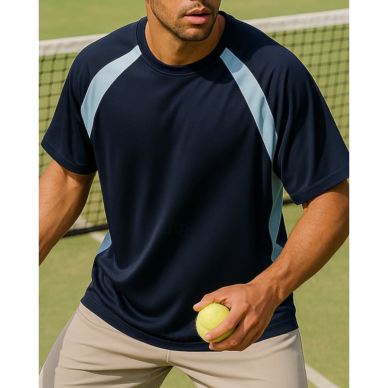 Men's Patchwork Tennis Tee Short Sleeves Contrast Binding Sweat-Wicking Moisture Wicking Breathable Tennis Golf Pickleball Crew Neck Black+Blue Grey Tennis Clothing