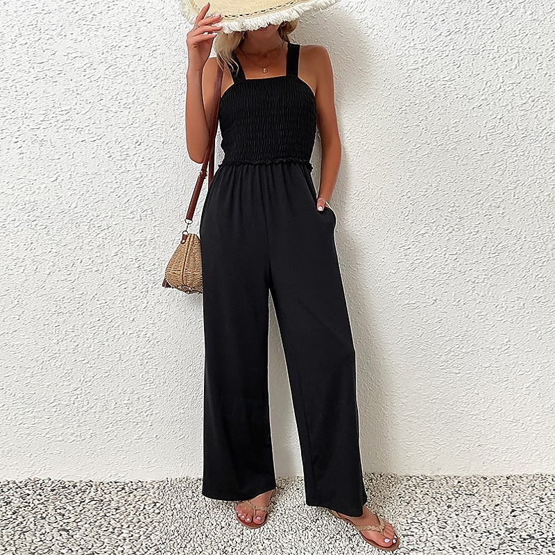 Women's Normal Jumpsuit Streetwear Solid Color Sleeveless U Neck Backless Pocket Street Going out Regular Fit Black Summer
