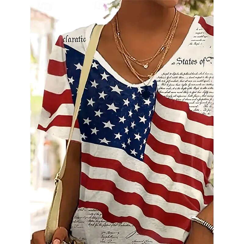Women's Patriotic  T Shirt Flag American Flag Vintage Fashion Hawaiian Short Sleeve V Neck Regular Tops Daily Weekend Beach Wear Print Red Summer Spring2