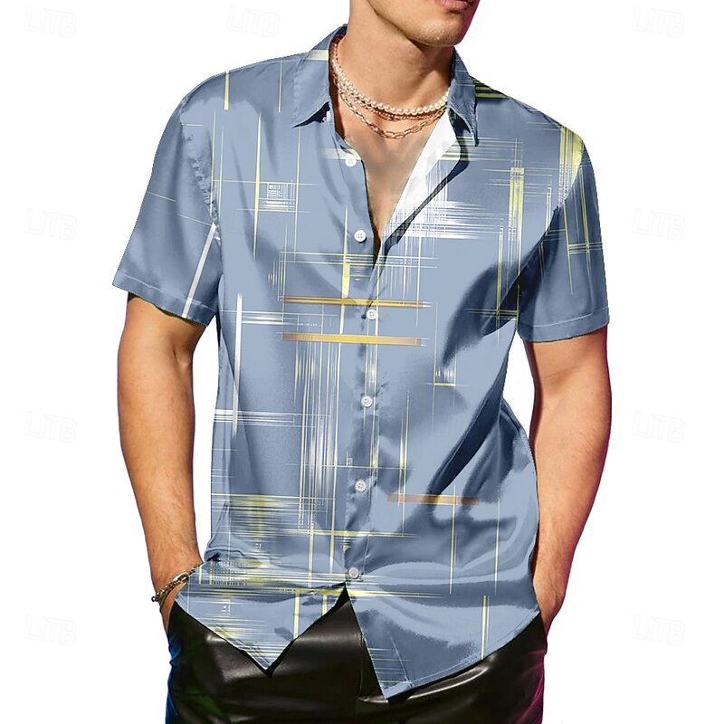 Men's Geometric Line Satin Shirt Dress Shirt Button Up Shirt Short Sleeve Fashion Casual Vacation Party Evening Wear Daily Summer Spring Turndown Collared Shirts Button Up 3D Print Black Pink Blue2