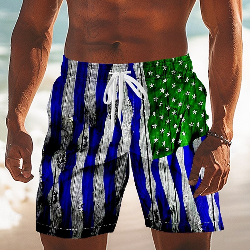 Independence Day Men's US Flag Patriotic Fourth of July Swim Trunks Swim Shorts Board Shorts Mid Waist Hawaiian Holiday Side Pockets Mesh Lining Elastic Drawstring Waist Designer Clothing Apparel4