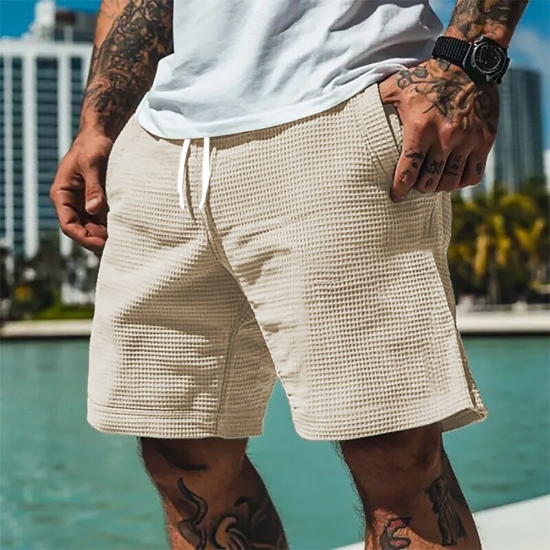 Men's Waffle Shorts Summer Shorts Casual Shorts Pocket Elastic Waist Drawstring Plain Comfort Breathable Short Vacation Holiday Casual Army Green Apricot3