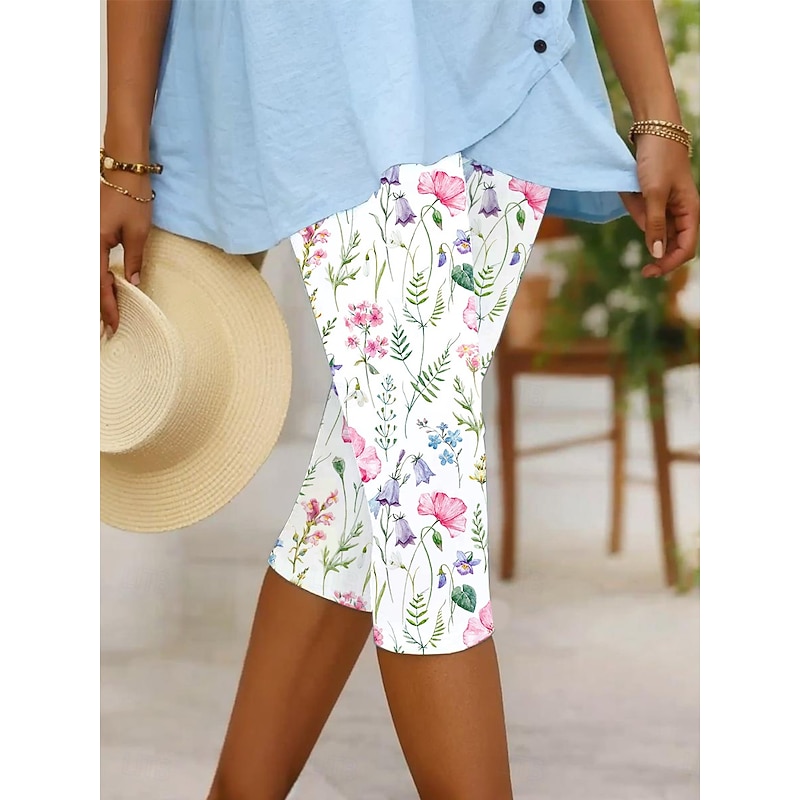 Women's Leggings Vacation Vintage Fashion Calf-Length High Waist Floral Graphic Leaf Printing Breathable Soft Stretchy Formal Outdoor Vacation Robin's Egg Blue Pink Summer Spring Slim Fit3