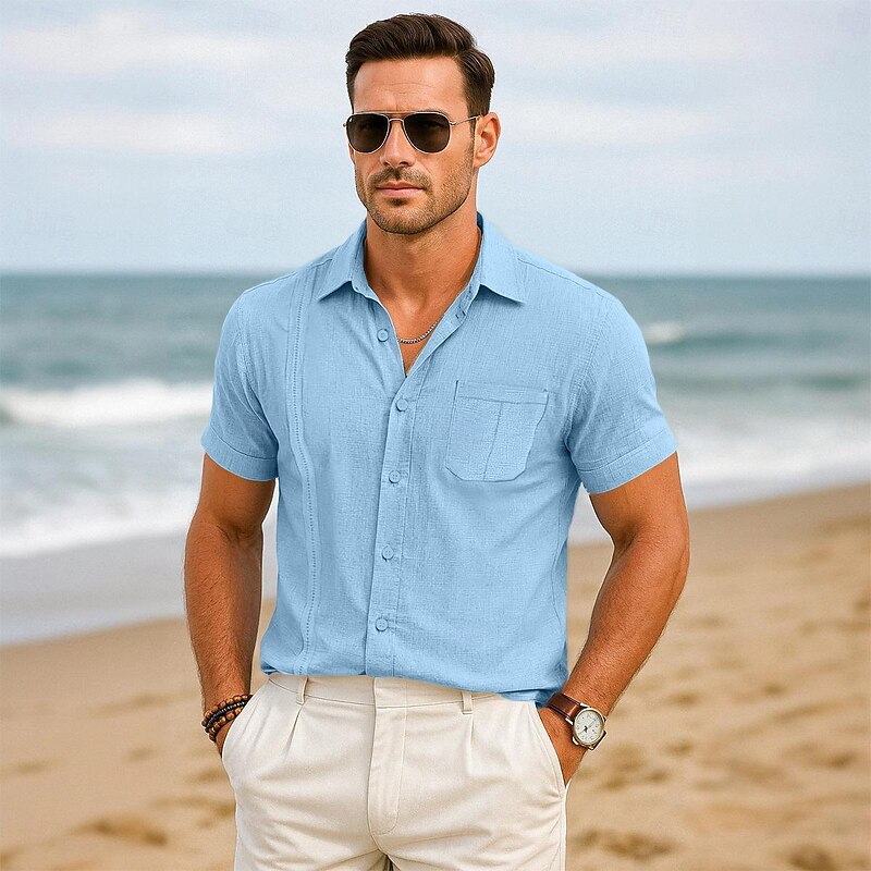 Men's Shirt Linen Shirt Guayabera Shirt Summer Shirt Beach Shirt Summer Hawaiian Shirt Solid Color Vacation Street Black White Navy Blue Sky Blue Short Sleeve Collar Summer Spring & Summer Clothing4