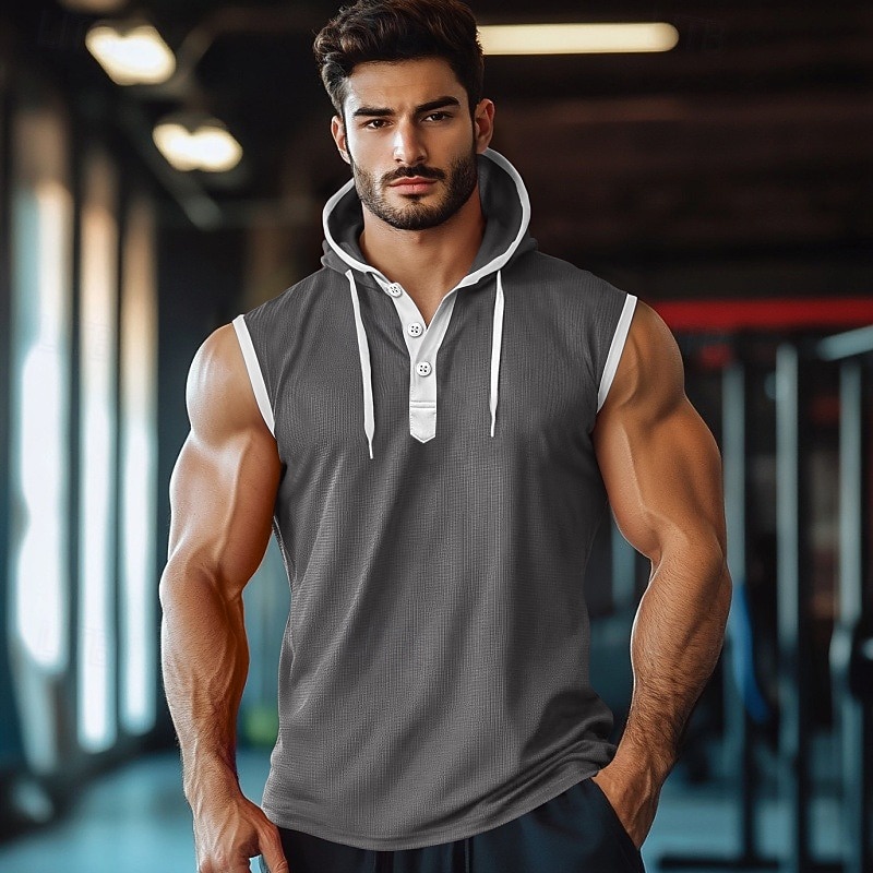 Men's Waffle Tank Top Vest Sleeveless Shirt Sleeveless Hooded Summer Plain Fashion Sporty Classic Hooded Street Casual Sports Black White Red Top Tee for Men2
