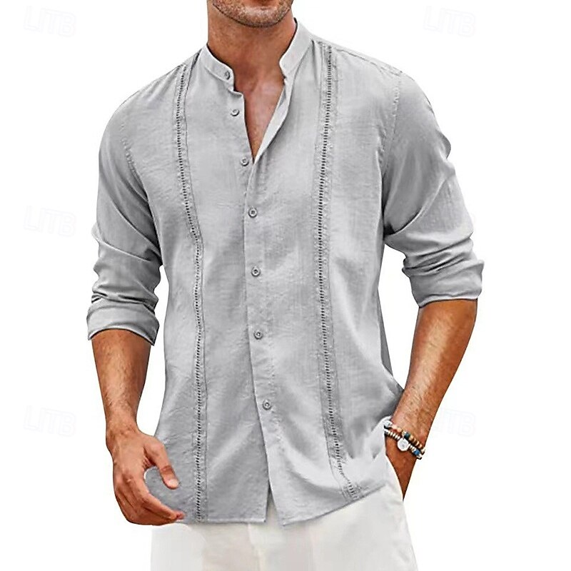 Men's Shirt Linen Shirt Guayabera Shirt Summer Shirt Beach Wear Button Up Shirt Solid Color Vacation Holiday Black White Light Green Pink Long Sleeve Shirt Collar Summer Spring Clothing Apparel2