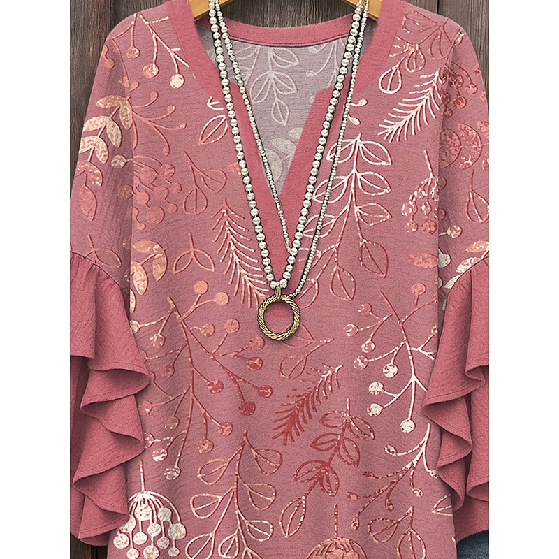 Women's Blouse V Neck Layered Ruffle Sleeve Tops Floral Graphic Leaf Vintage Daily Ethnic 3/4 Length Sleeve Regular Tops Daily Holiday Vacation Wear Print Yellow Pink Blue Purple Green Summer Spring3