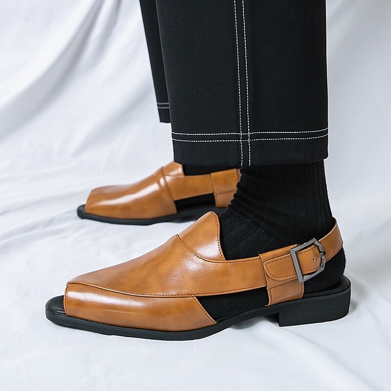 Men's Tan Faux Leather Slingback Loafers - Fashionable Open-Toe Shoes for Warm Weather and Casual Evenings3