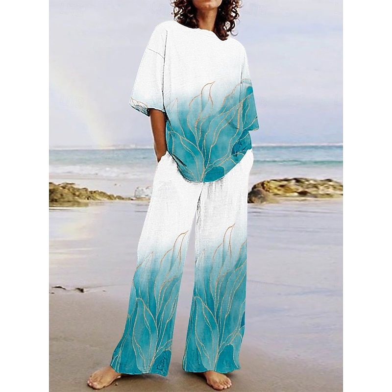 Women's Active Vacation Pants Sets Half Sleeve Crew Neck Floral Print Casual Daily Blue Ink Blue Light Blue Summer Regular Fit