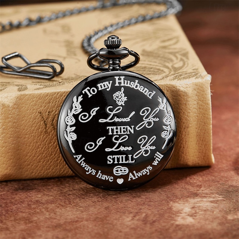 To My Husband Pocket Watch Black Engraved Timepiece with Chain, Romantic Gift for Him from Wife, Anniversary Keepsake