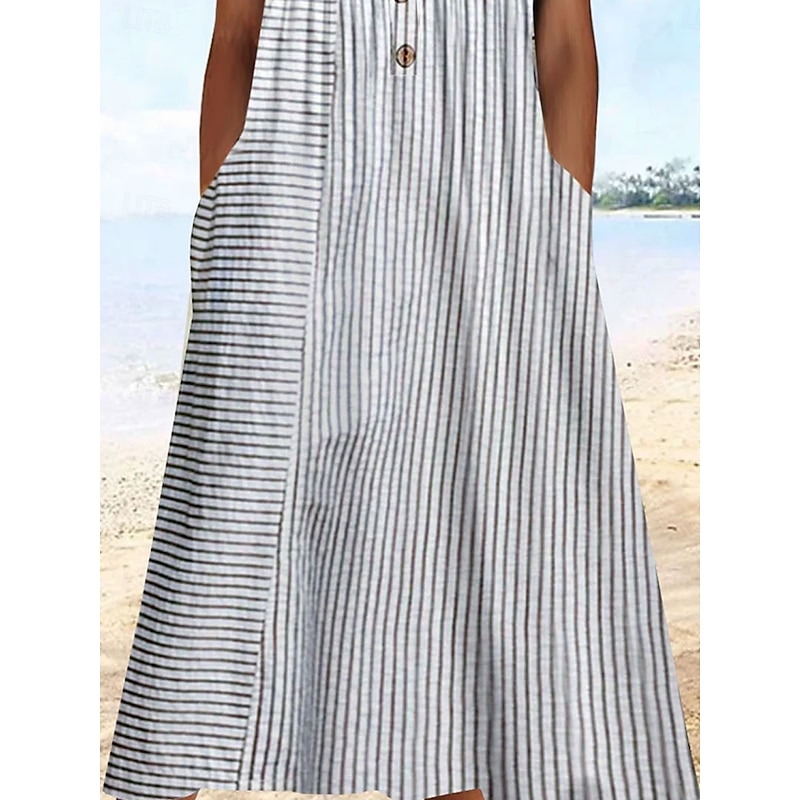Women's Midi Dress Casual Dress Sundress A Line Dress Summer Dress Vacation Casual Beach Holiday Loose Fit Graphic Stripe Short Sleeve Crew Neck Blue Gray Summer3