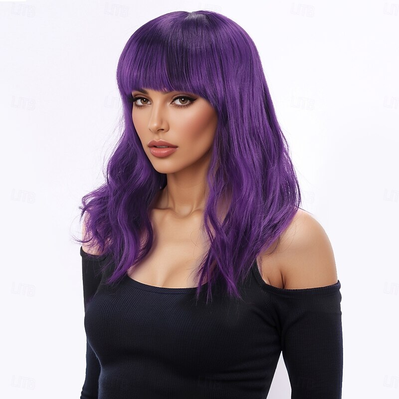 Synthetic Wig Bouncy Curl Water Wave Layered Haircut Neat Bang Machine Made Wig 16 inch A1 Synthetic Hair Women's Classic Thick Comfortable Purple3