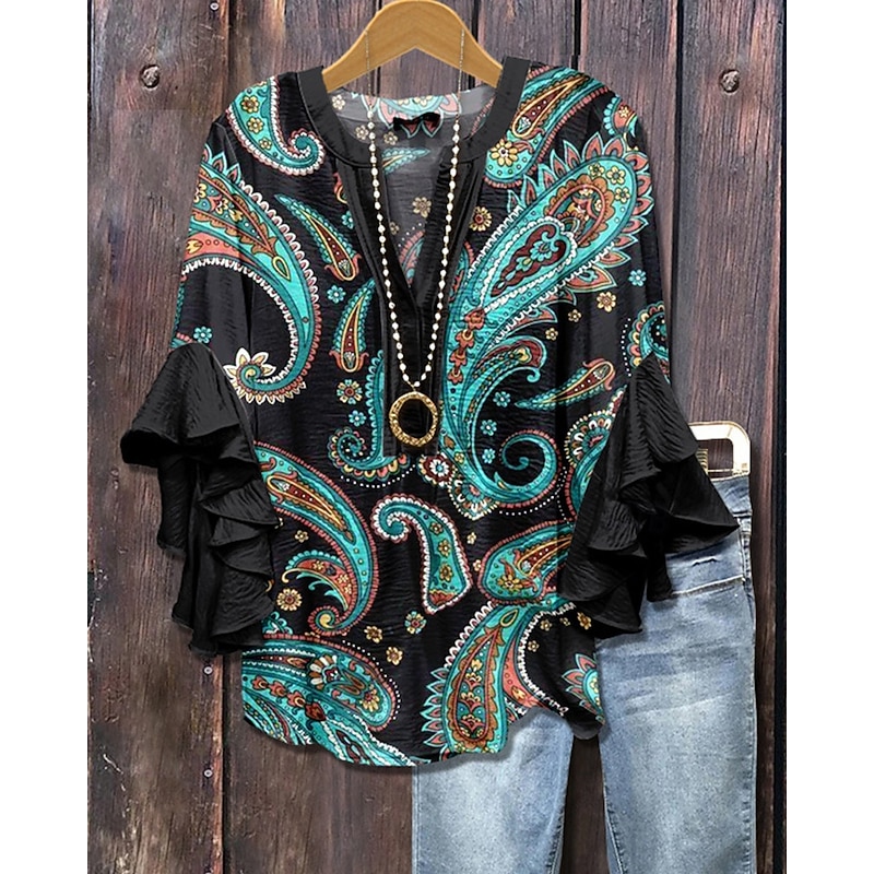 Women's T Shirt Tee Top Floral Paisley Fashion Modern Half Sleeve V Neck Regular Tops Daily Going out Ruffle Print Black White Rose Pink Summer Spring