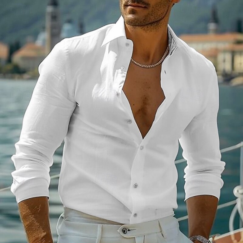 Men's Shirt Linen Shirt Casual Shirt Button Up Shirt Cotton Shirt Plain Vacation Hawaiian Black White Pink Gray Long Sleeve Lapel Spring Fall Clothing Apparel