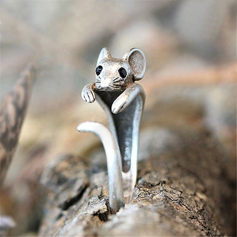 Little Mouse Ring Wrap Around Ring for Women, Adjustable Open Animal Ring, Cute Vintage Rat Design Statement Jewelry Gift for Her3