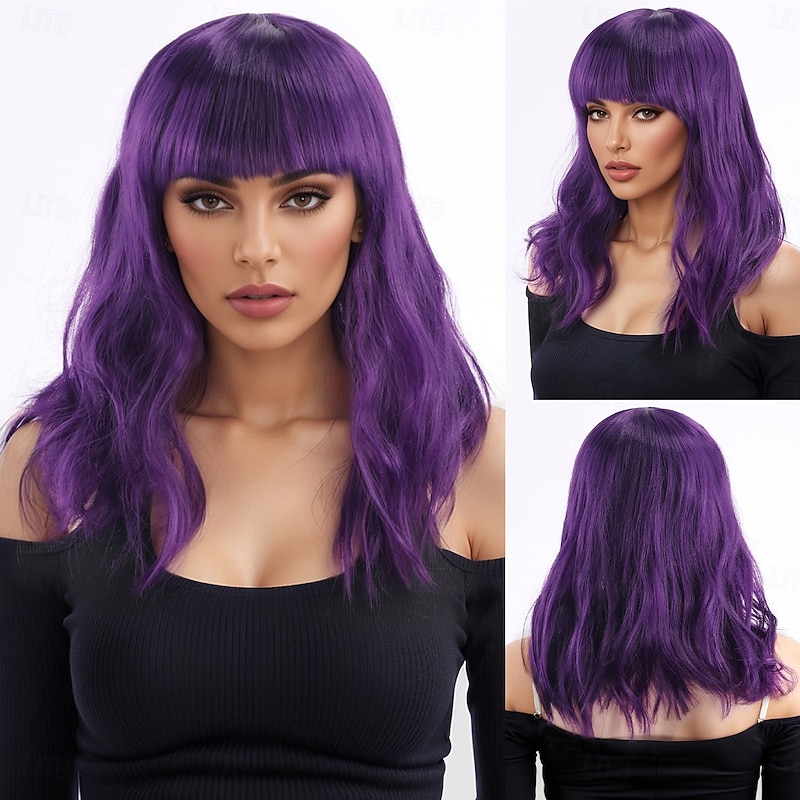 Synthetic Wig Bouncy Curl Water Wave Layered Haircut Neat Bang Machine Made Wig 16 inch A1 Synthetic Hair Women's Classic Thick Comfortable Purple
