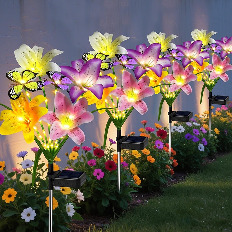 1 Pc Outdoor Flower Lights Pathway Solar Lily Butterfly Field Plug in Light Courtyard Garden Lawn Path Decorative Light Landscape Light Mother's Day Gift