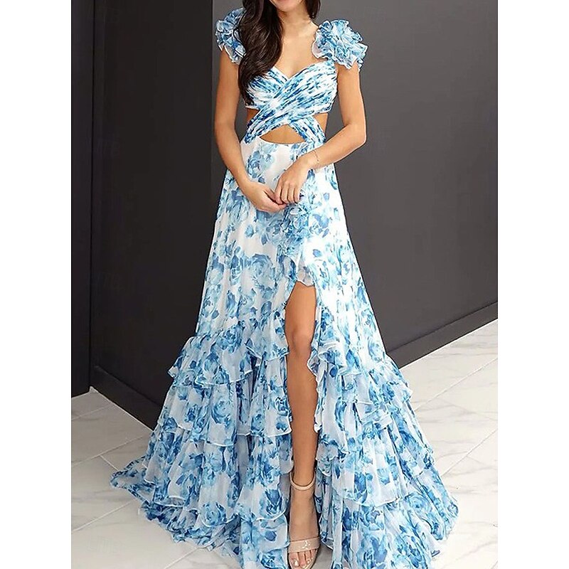 Women's Long Dress Maxi Dress Swing Dress Summer Dress Print Dress Elegant Fashion Mature Cap Sleeve Holiday Date Spring Dress Regular Fit Floral Short Sleeve Turtleneck Blue Summer Spring